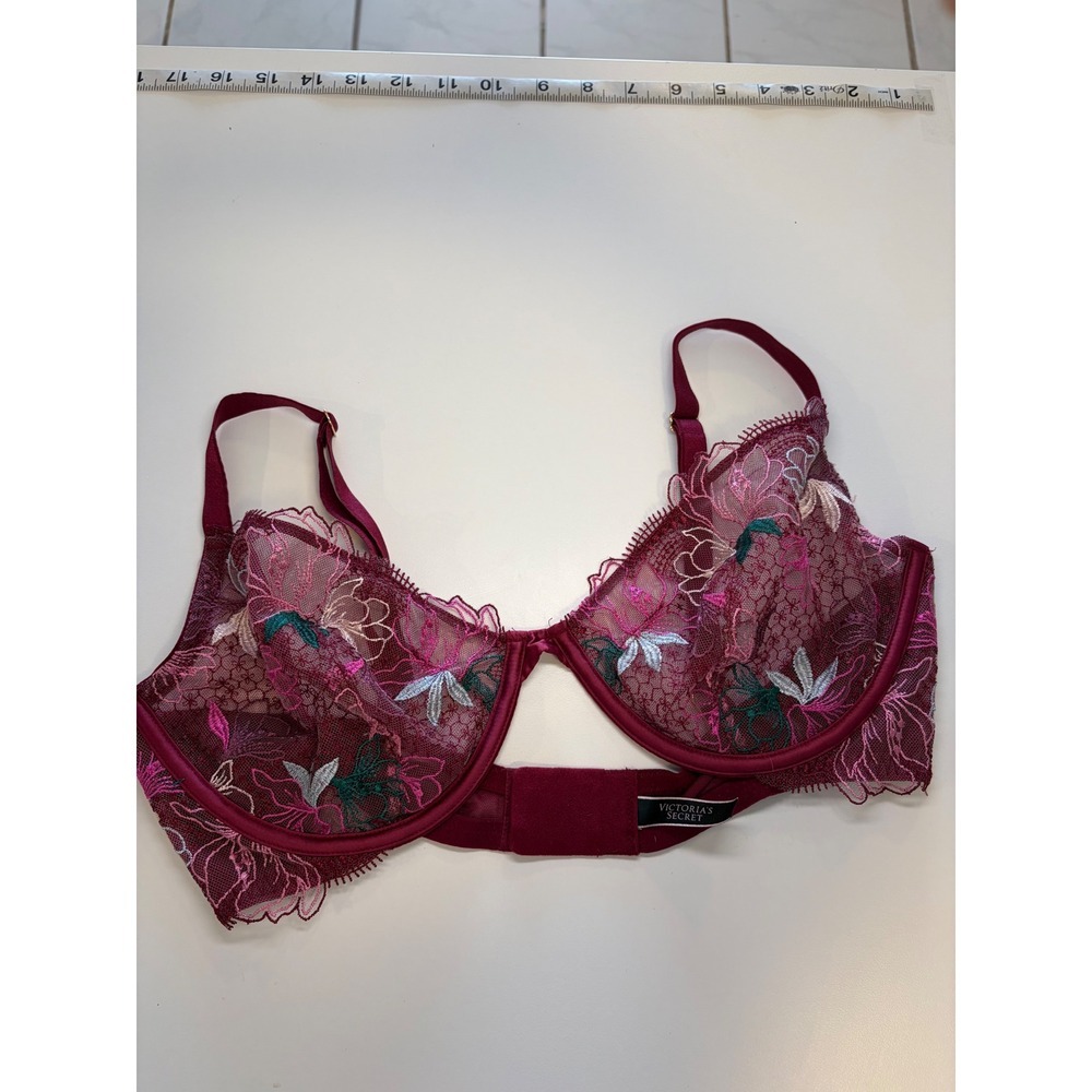 Victoria's Secret Burgundy Floral Embroidered Sheer Mesh Underwire Bra 34D - Picture 6 of 8